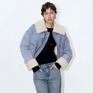 ZARA FAUX SHEARLING BIKER JACKET Denim S23 COLLECTION REF:3548/250 - SZ XL - NWT